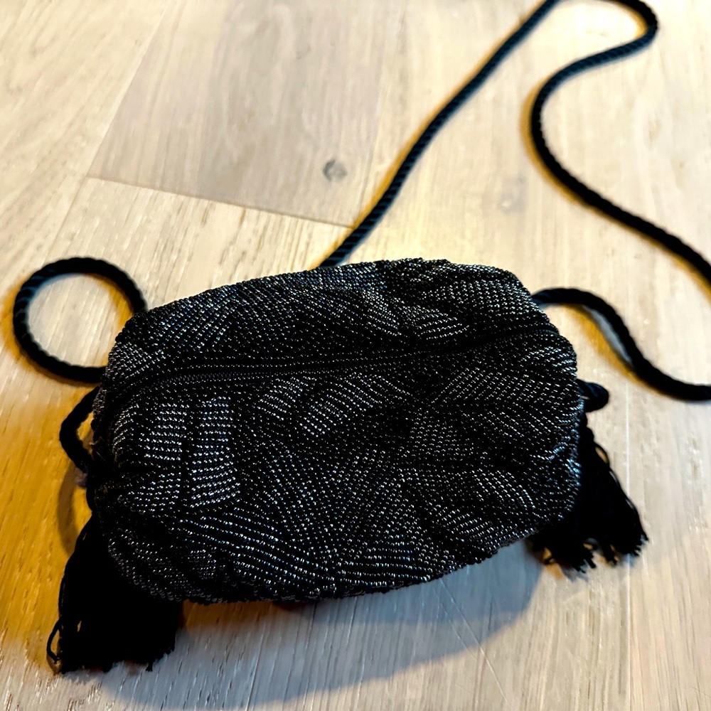 Vintage 90s Y2K Beaded Dumpling Bag with Tassels and Twist Rope Strap